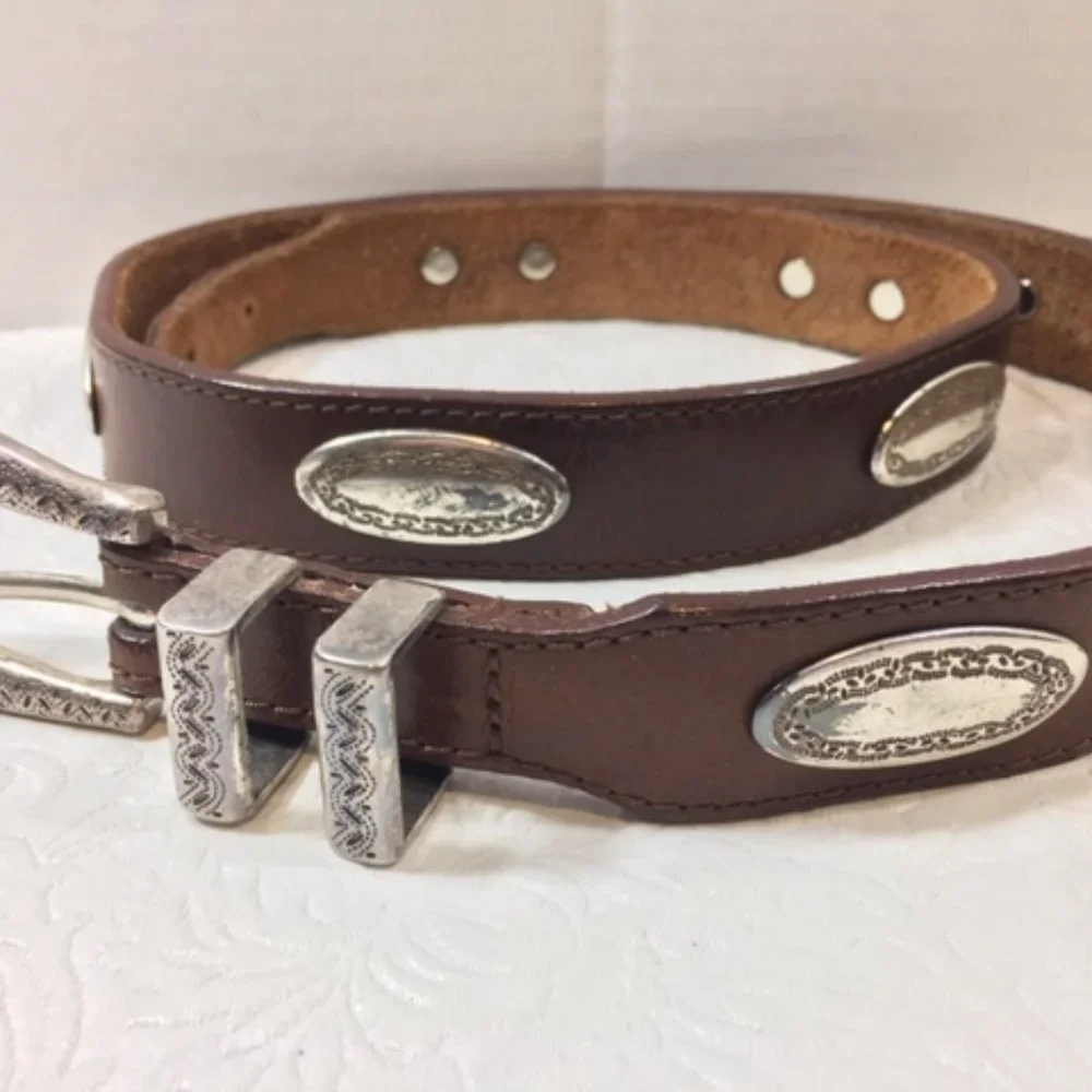 Langu Leather Brown Belt Silver Toned Engraved Ornaments